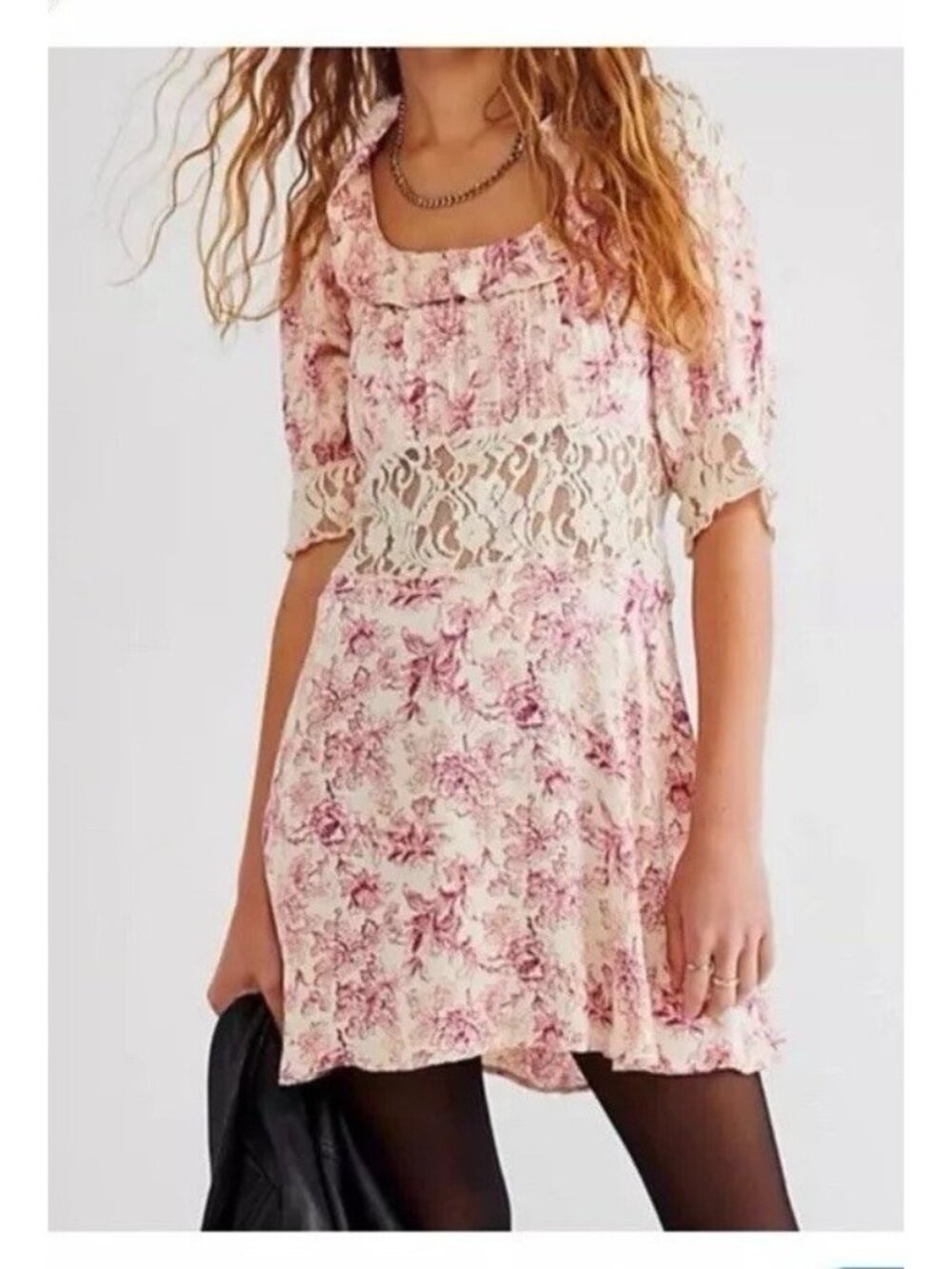 Free People Womens 6 Lucie Mini Dress Floral Pink Cream Lace Romantic Ruffles